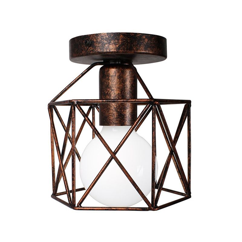 Wire Cage Iron Semi Flush Light Fixture Warehouse 1 Light Antique Bronze Semi Mount Lighting with Hexagon Shade
