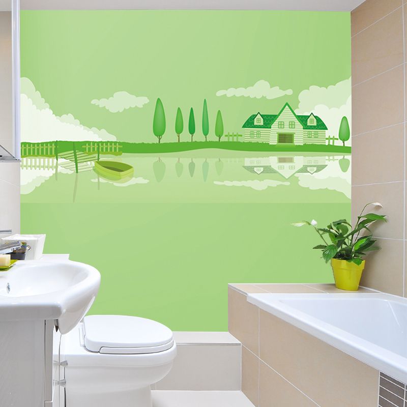 Green Lakeside House Wall Mural Decal Fantasy Cartoon Waterproof Wall Art for Nursery