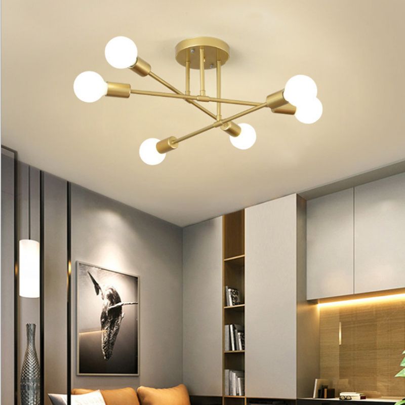 Industrial Vintage Sputnik Ceiling Light Wrought Iron 6-Light Semi Flush Mount for Living Room