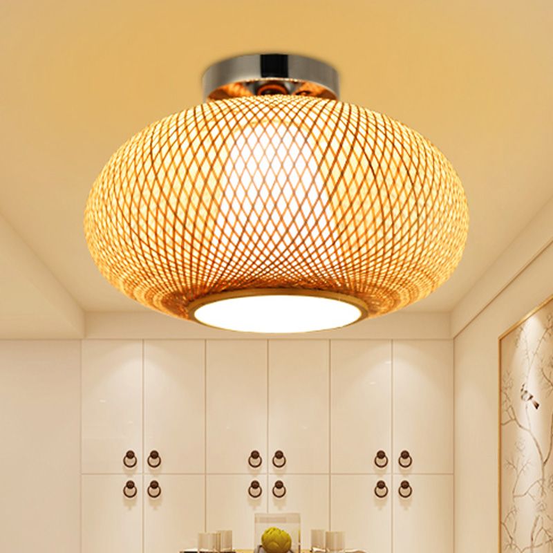 Flaxen Lantern Semi Flush Mount Chinese 1 Head Bamboo Ceiling Mounted Light for Dining Room
