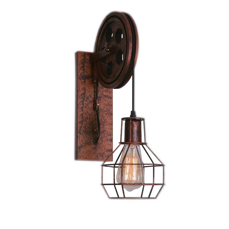 Spherical Wire Cage Foyer Wall Light Rustic Iron 1-Light Bedroom Wall Mount Lamp with Pulley