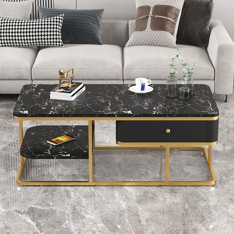 Glam Rectangle Cocktail Table with Marble Top and 1 Drawer and 1 Shelf