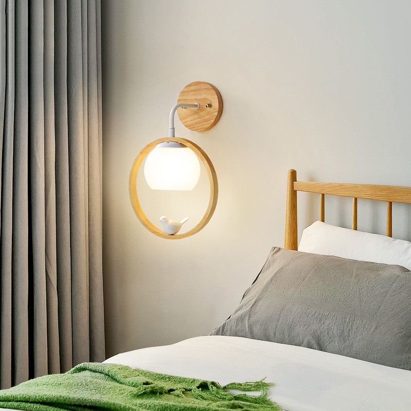 Contemporary Wood Lighting Globe Glass Shaded Wall Light for Bedroom
