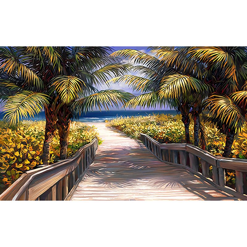 Tropical Mural Wallpaper Light Color Coconut Tree and Road Customized Wall Decor, Made to Measure