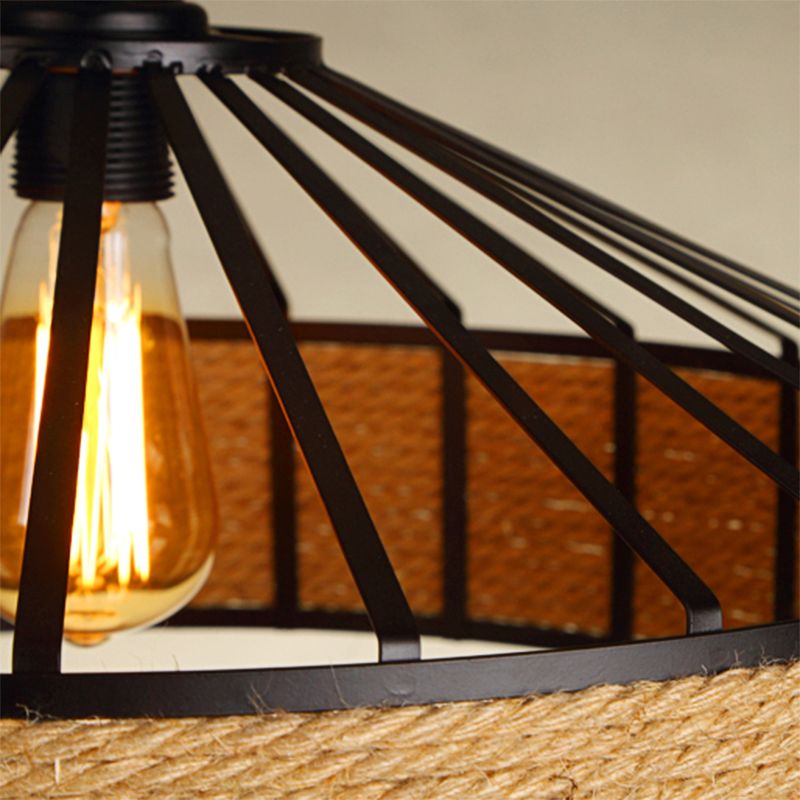 Drum Shade Rope Pendant Ceiling Light Vintage Style 1 Bulb Coffee Shop Hanging Light in Black