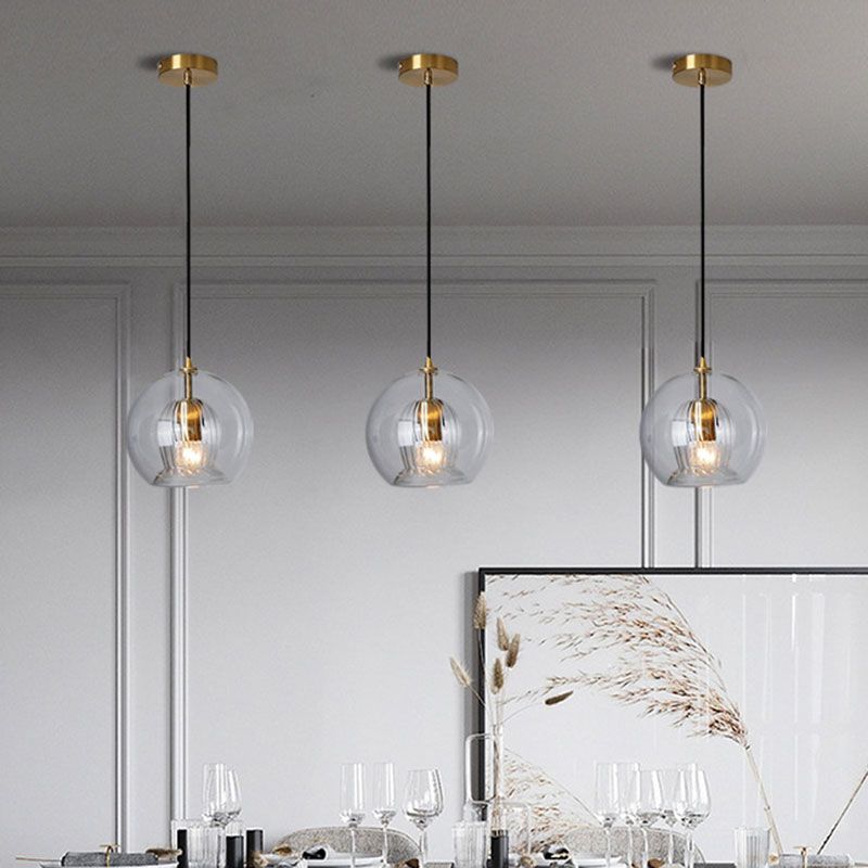 Globe Double Shade Hanging Light Simple Clear Glass 1 Bulb Dining Room Pendant in Gold, 6"/8" Wide
