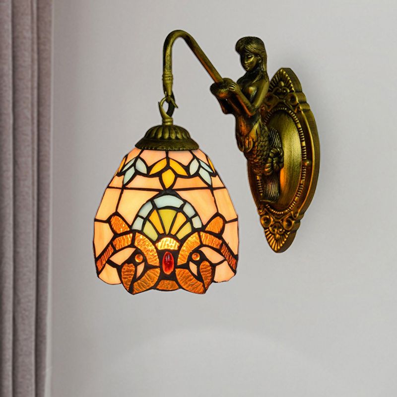 Antique Brass 1 Head Wall Mounted Light Tiffany Multicolor Stained Glass Dome Sconce Light