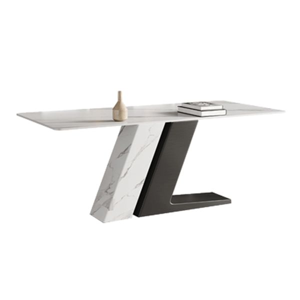 Table à manger rectangulaire en pierre frittée de luxe, blanche, avec base à double piédestal