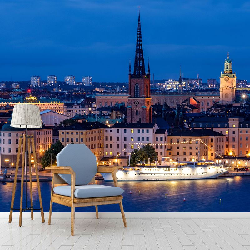 Urban Cityscape Mural Wallpaper Dark Color Moisture Resistant Wall Decor for Fireplace