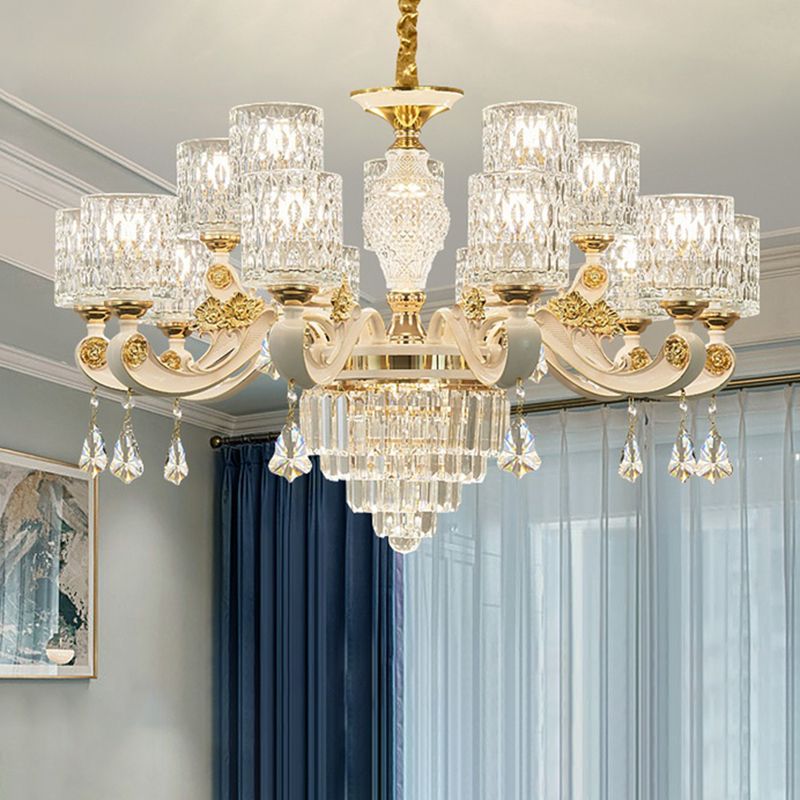 Cylindre Ripple Glass Chandelier Pendant Light Vintage Salon Hanging Light With Crystal Draping in White