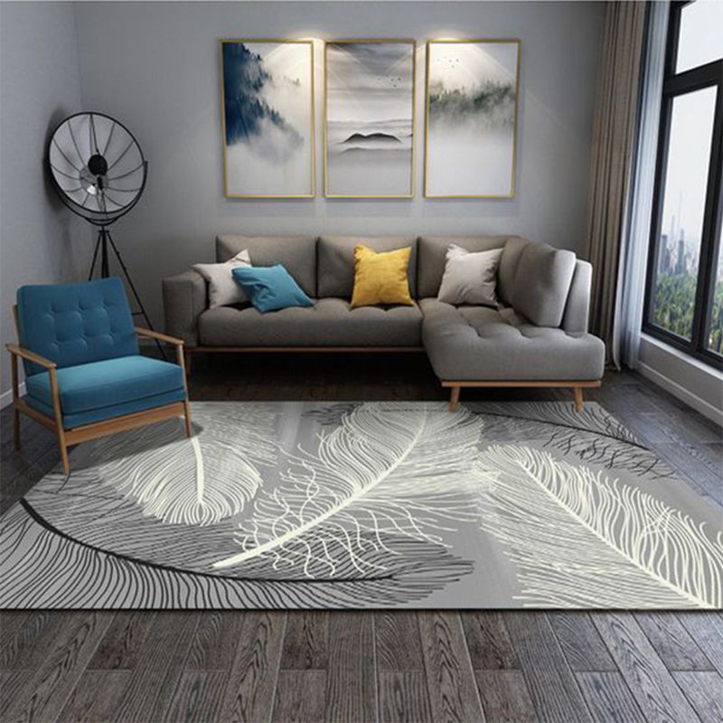 Modern Feather Pattern Carpet Polyester Indoor Rug Non-Slip Backing Area Rug for Living Room