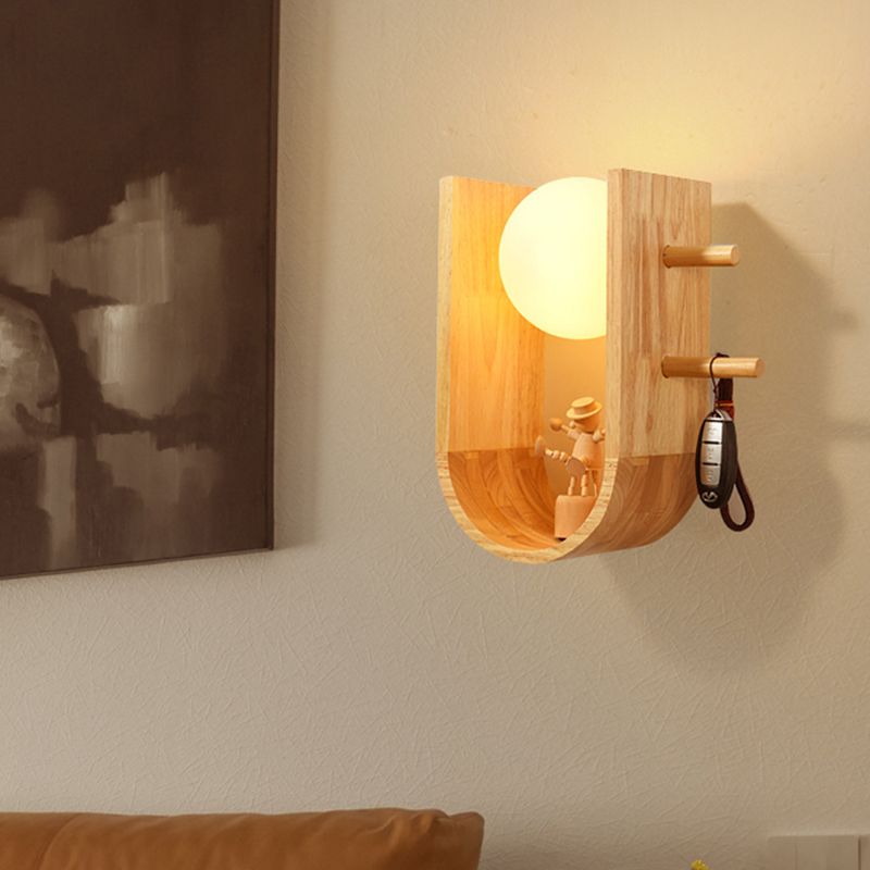 Wooden Half Oblong Sconce Light Modern Creative 1 Bulb Flush Mount Wall Light with Rack Design