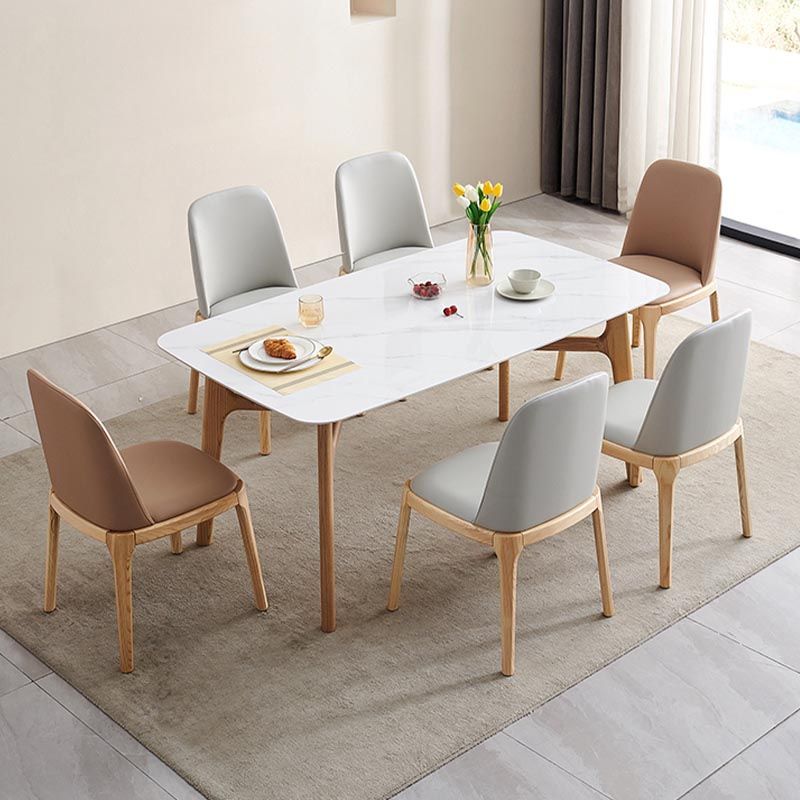 Modern White Stone Top Dinner Table Rectangle Natural Finish Legs Dinette Table