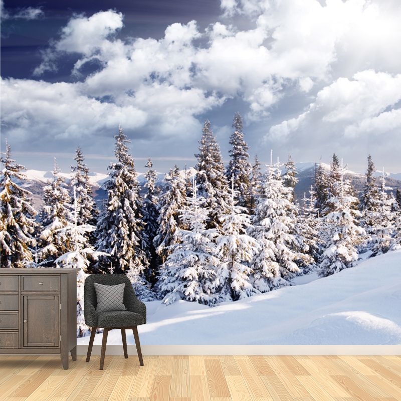 White Nordic Wallpaper Mural Huge Snowy Road with Cypress Wall Decor for Living Room