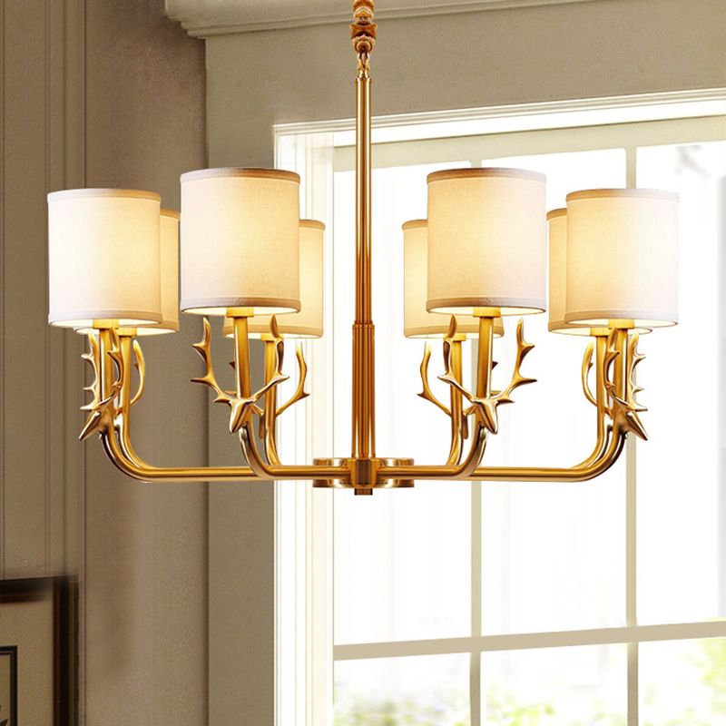 Luz de araña de tela cilíndrica Luz de la sala de estar vintage Luz colgante con acento de ciervos