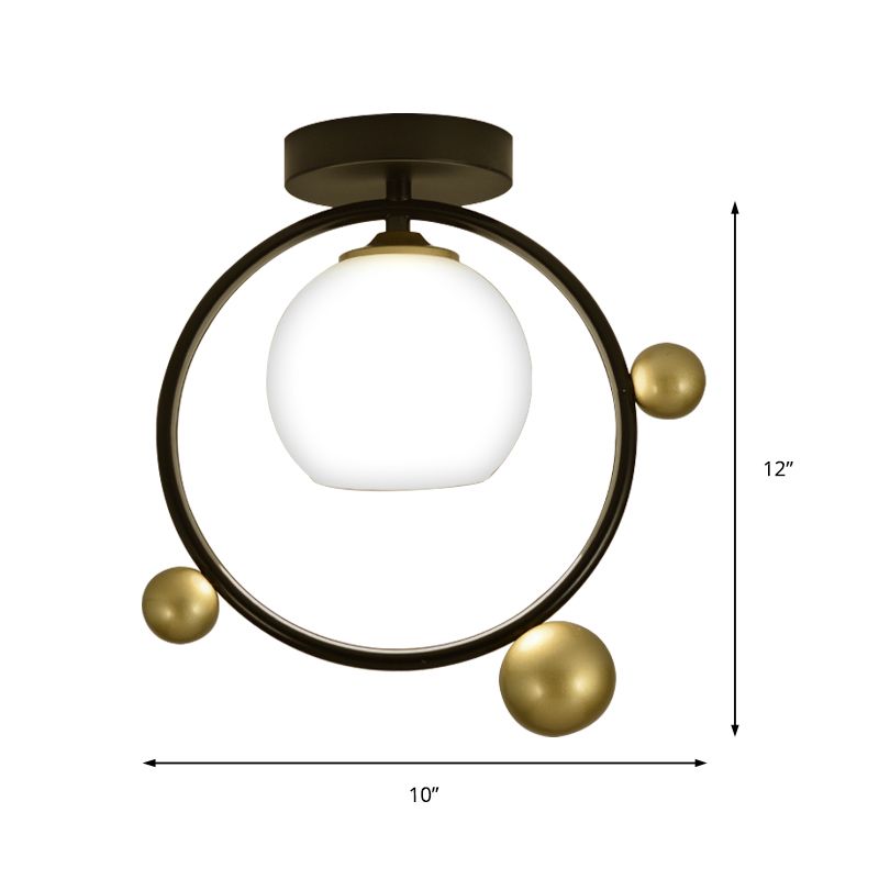 Sphère en verre blanc semi-encastré moderniste 1 lumière noir semi-encastré avec anneau en fer, 10"/12" de large