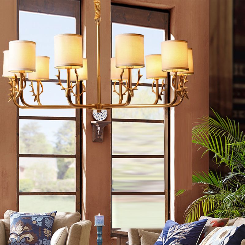 Nordic Cylindrical Chandelier Fabric Living Room Suspension Light with Antler Deco in Gold