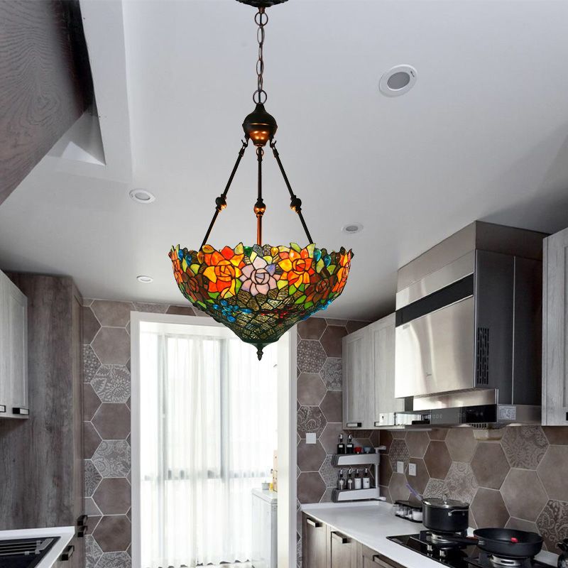 3 Lights Chandelier Pendant Light Mediterranean Flower Stained Art Glass Hanging Lamp in Red/Orange/Green