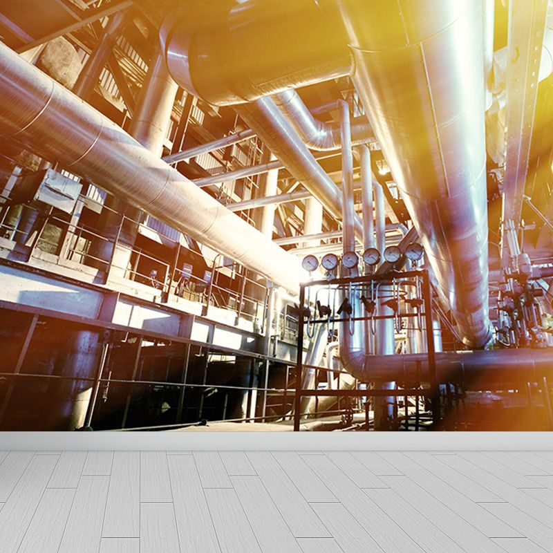 Yellow Industrial Machinery Wall Mural Moisture Resistant Wall Covering for Dining Room