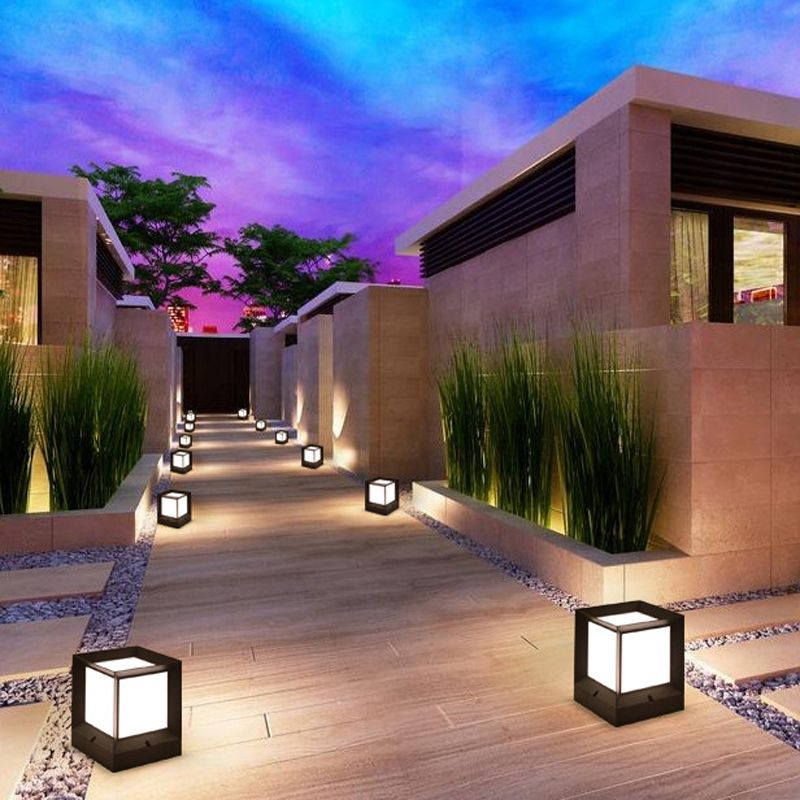 Rectangular Shape Metal Pillar Lamp Modern Style 1 Light Waterproof Outdoor Light in Black