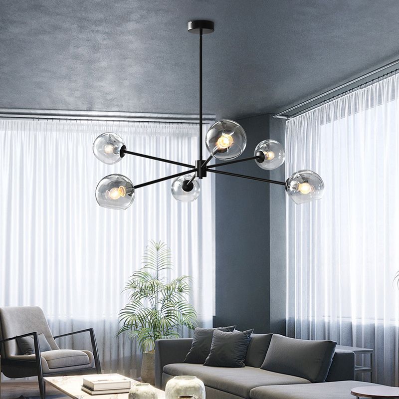Glass Black Pendant Light in Modern Artistic Style Iron 6-Light Chandelier for Dining Room