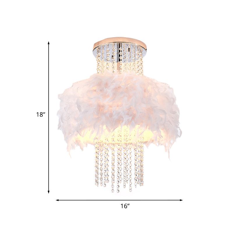 Feather Fluffy Drum Semi Flush Chandelier Modern Style 4 Bulbs Bedroom Ceiling Lamp with Crystal Chain in Chrome