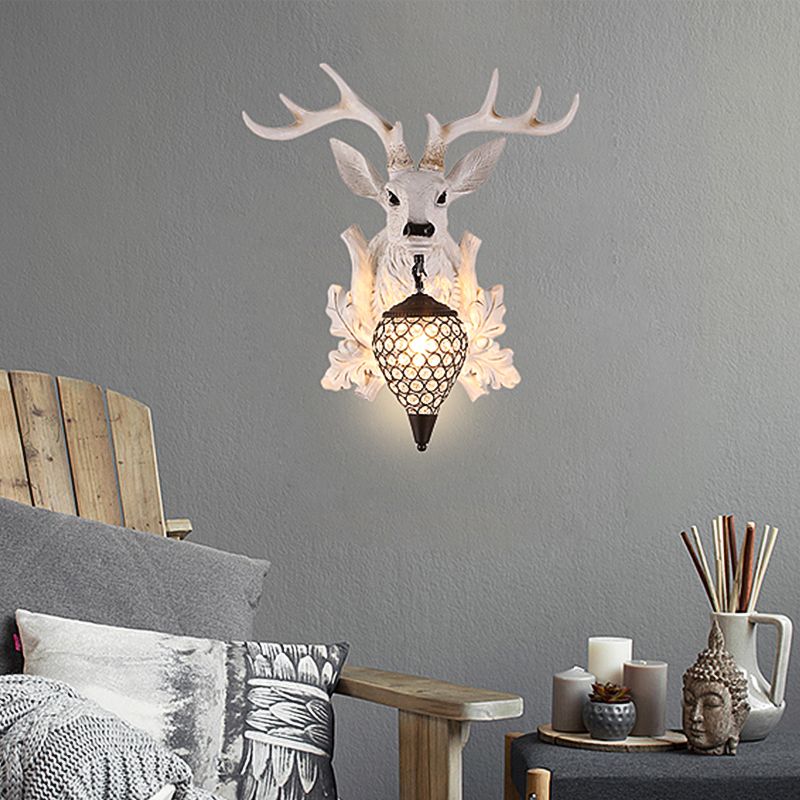 White Elk Wall Light Sconce Rural Resin 12"/20"/28" Wide Single Indoor Lighting Fixture with Drop Crystal Shade