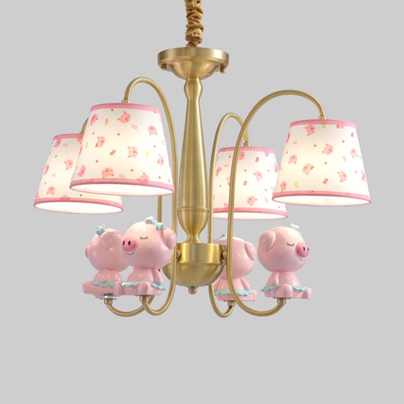 Patterned Fabric Tapered Chandelier Lighting Cartoon Gold Pendant Light with Resin Animal