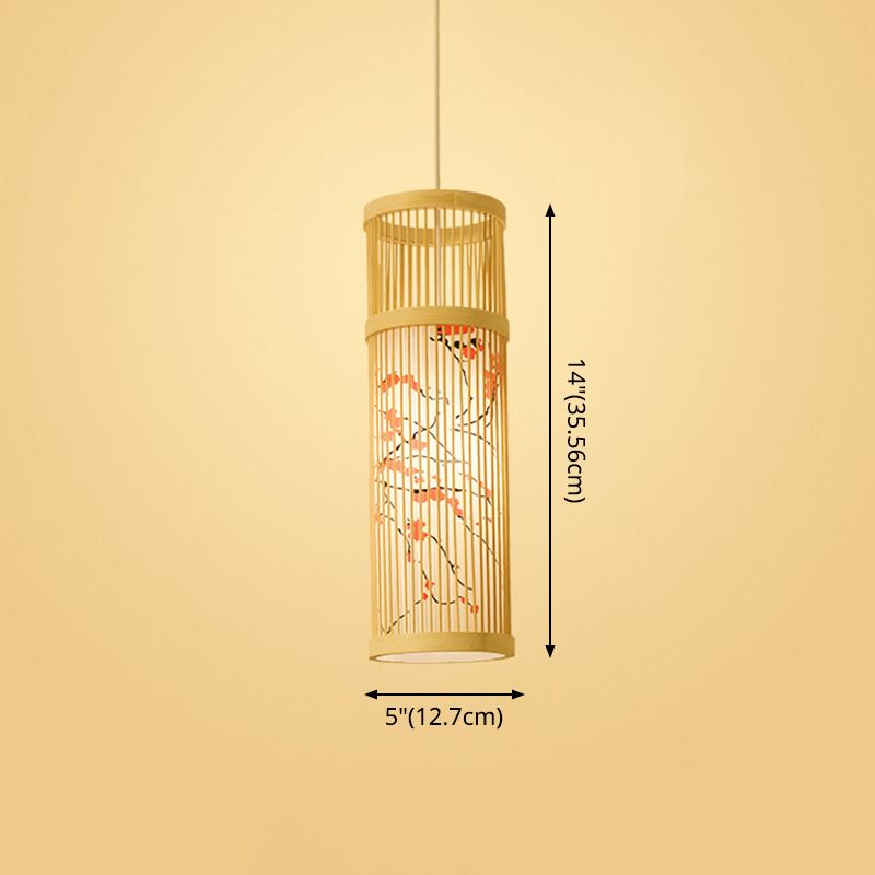 Chinoiserie gewebte Hängende Leuchten Bambus Single Tea Room Deckenleuchte mit Drucklampenkel