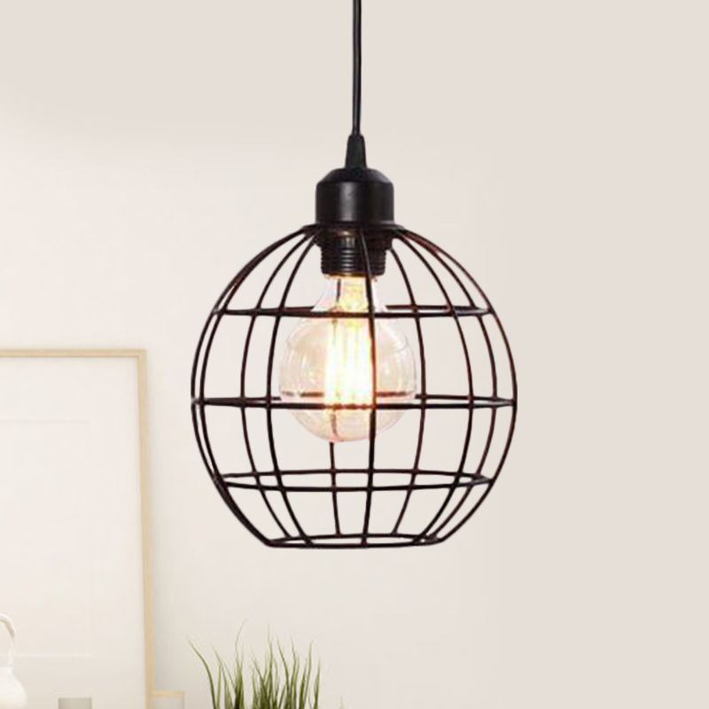 Retro Style Globe Ceiling Lamp 1 Head Metal Hanging Light Fixture with Wire Frame in Black/Copper