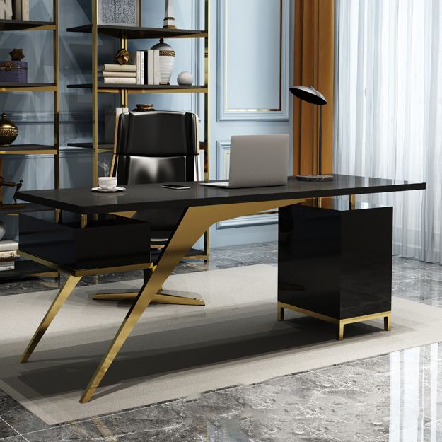 White and Black Writing Desk Glam Stone Pedestal Office Desk with File Cabinet