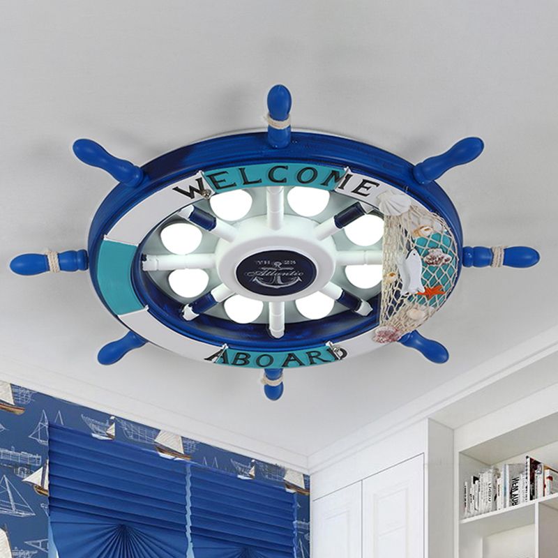 Pirate Ship Rudder Kids Bedroom Ceiling Lamp Wood Mediterranean LED Flush Mount Lighting