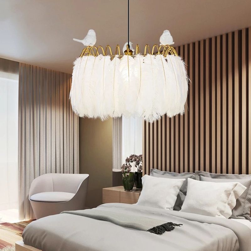 Drum Hanging Light Fixture Modern Feather Living Room Ceiling Pendant Lamp in White