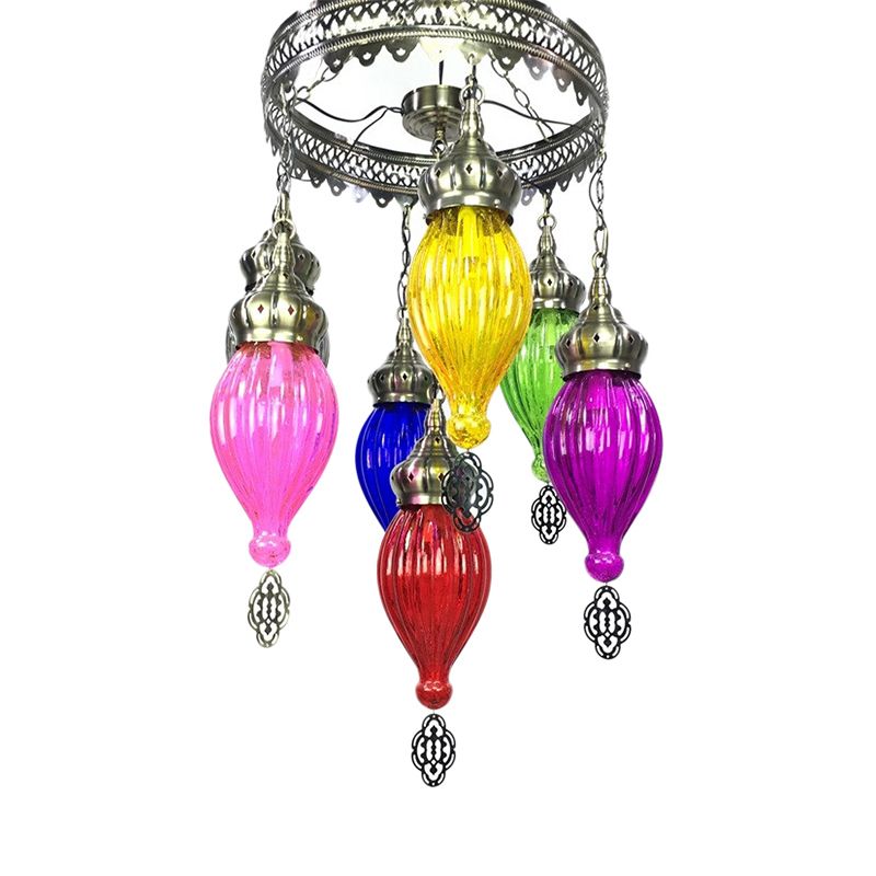 7 Bulbs Urn Ceiling Chandelier Tradition Colorful Glass Suspended Lighting Fixture in Bronze