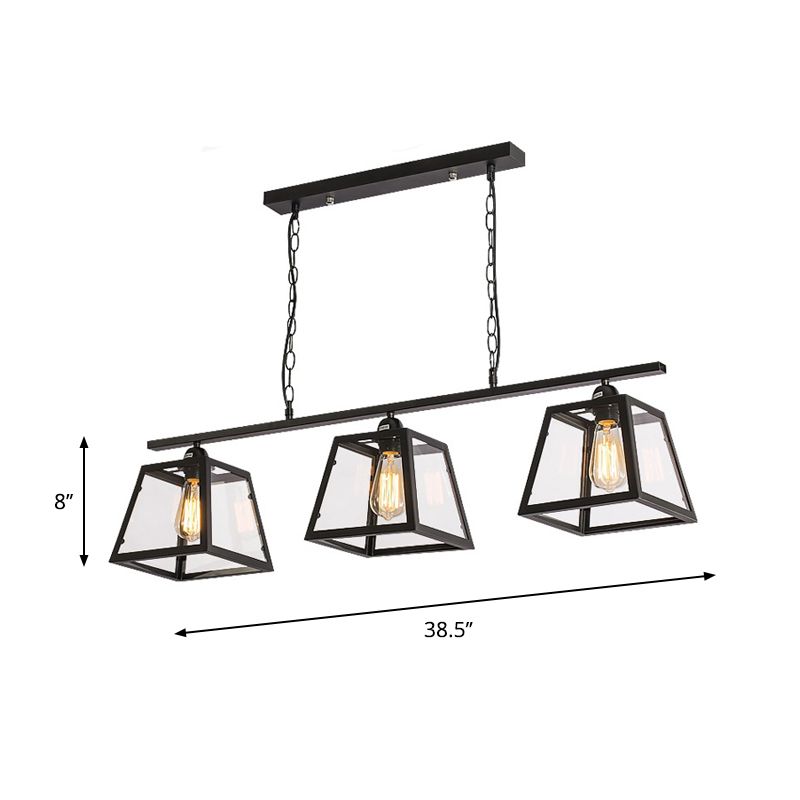 Black 3 Bulbs Island Pendant Light Countryside Clear Glass Trapezoid Hanging Lamp Kit