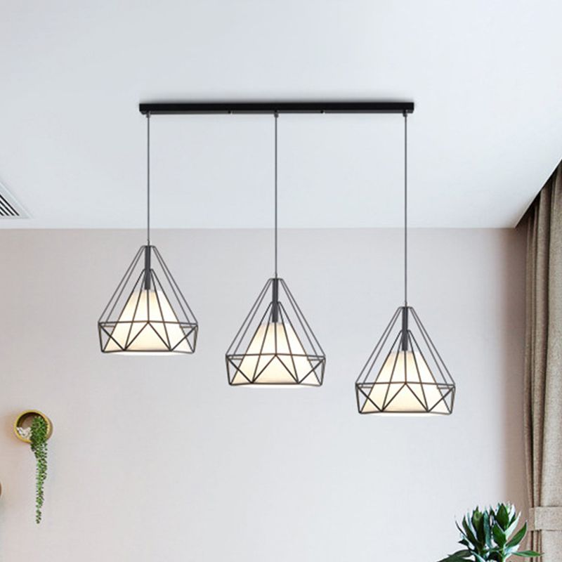 3 luci Diamond Cage Multi Pendants Luce a soffitto in metallo industriale con corda sospesa per il corridoio