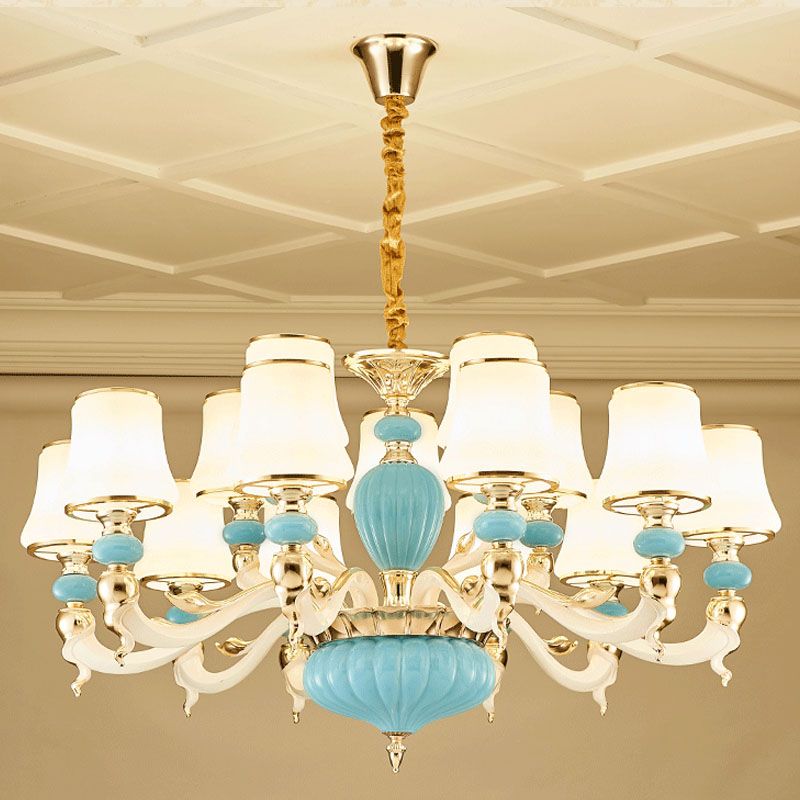 Modern Suspension Lamp Light Blue Tapered Ceramics Chandelier Lighting Fixture with Opal Glass Shade