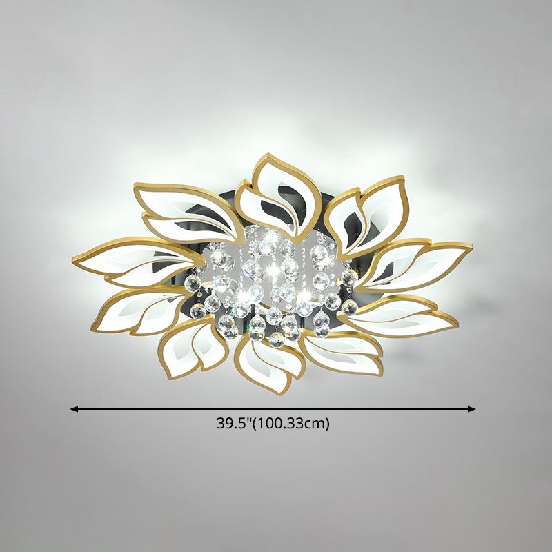 Gold Finish Flower Ceiling Lighting Contemporary LED Metal Semi Flush Mount with Crystal Ball