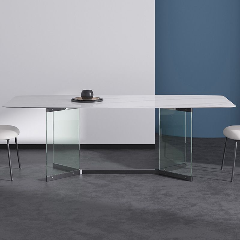 Modern Stone Double Pedestal Dining Table Rectangle White Top Table for Home