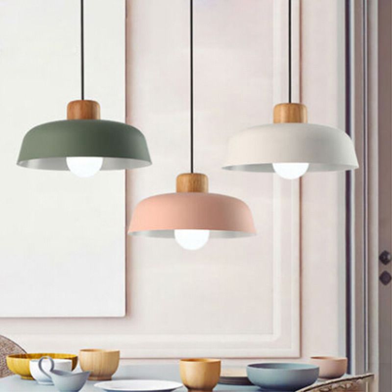 Modern Creative Single Pendant Light Wooden Dome Macaron Hanging Lamp with Iron Shade