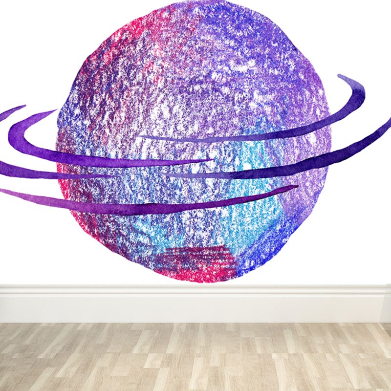 Watercolor Ringed Planet Mural Kids Style Smooth Wall Art in Dark Color for Bedroom