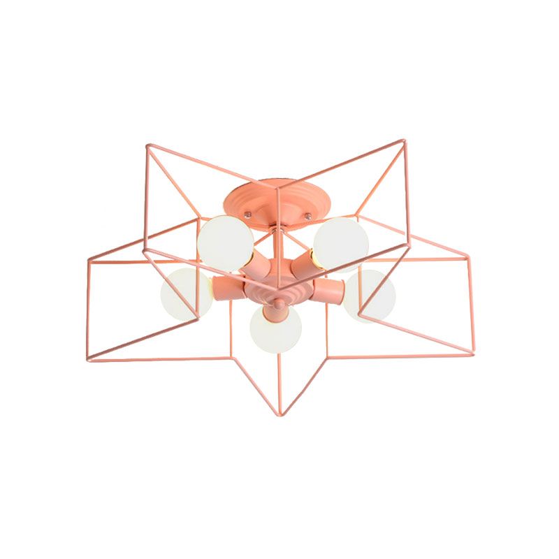 5 Bulbs Semi-Flush Ceiling Fixture with Star Cage Shade Metallic Loft Stylish Indoor Semi Flush Light in Grey/Pink