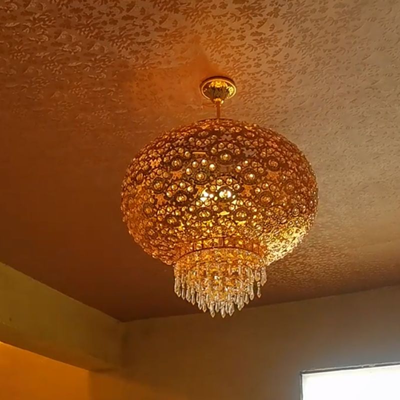 Gold Lantern Chandelier Retro Modern Crystal Hanging Light Fixture for Hallway