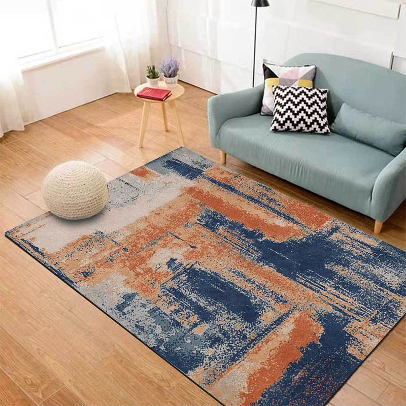 Industrial Abstract Rug Orange and Blue Polyester Rug Machine Washable Non-Slip Area Rug for Bedroom