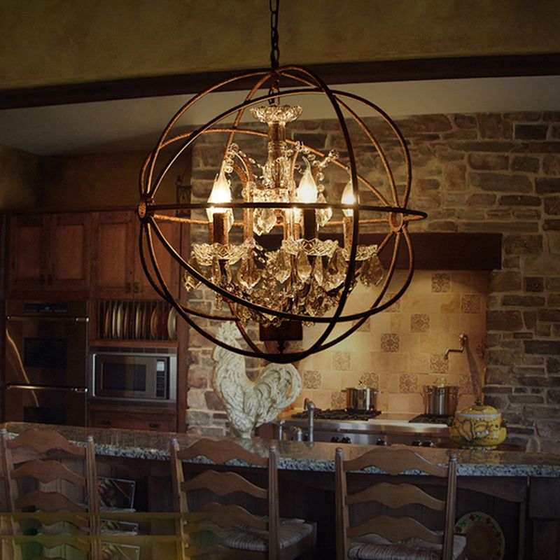 Wrought Iron Spherical Chandelier Pendant Rustic 4-Light Restaurant Hanging Light with Crystal Deco