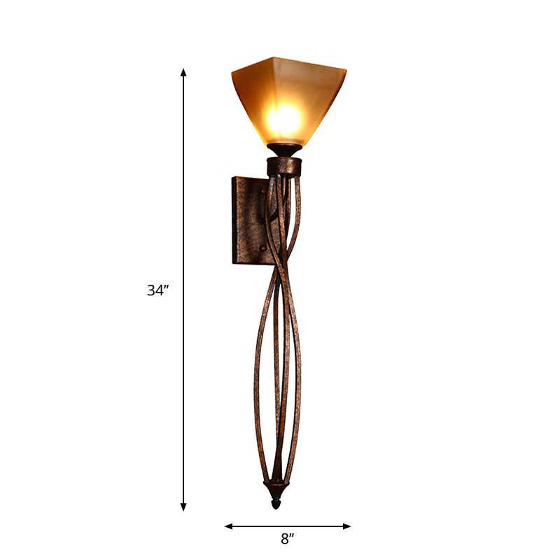 Trapezoid Corridor Wall Mounted Lamp Rustic Amber Glass Single Light Rust Wall Lighting with Twisted Line Arm