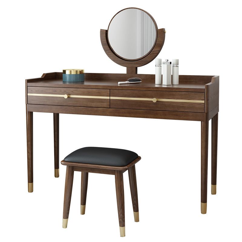 Mirror & 2 Drawers Makeup Vanity Traditional Brown Dressing Table Stool Set
