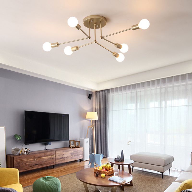 Sputnik Metal Semi Flush Ceiling Light in Industrial Vintage Style Bare Bulb Indoor Ceiling Light