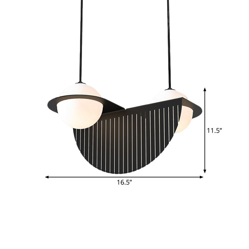 White Glass Global Ceiling Lamp Nordic Style 2 Bulbs Black Suspension Lighting Fixture with Semicircle Decor