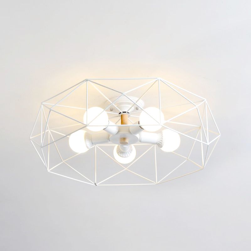 Lámpara de techo industrial para sala de estar, iluminación semimontada de vidrio opalino enjaulado, 3/4/5 bombillas, en blanco y negro